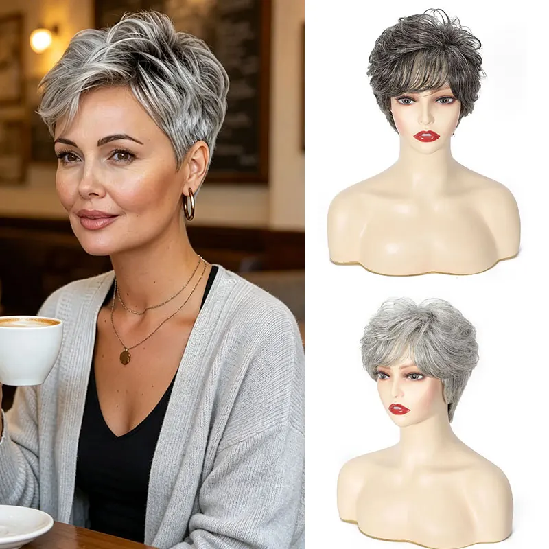 Short Curly Grey Ombre Human H - đánh giá và giá Hair Care Women